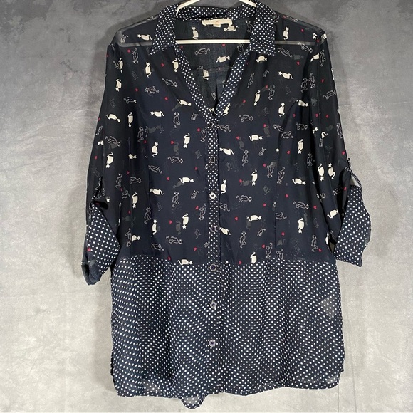 Sheer Kitty Cat Print Button Top All Over Print Blue Shirt Lightweight Sz L - Picture 1 of 9